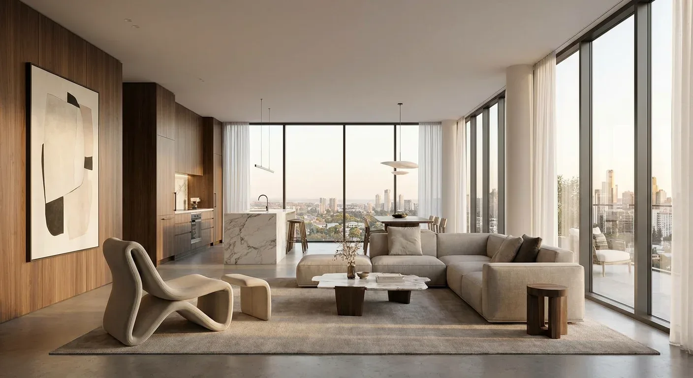 Living room with recessed, track and decorative lighting