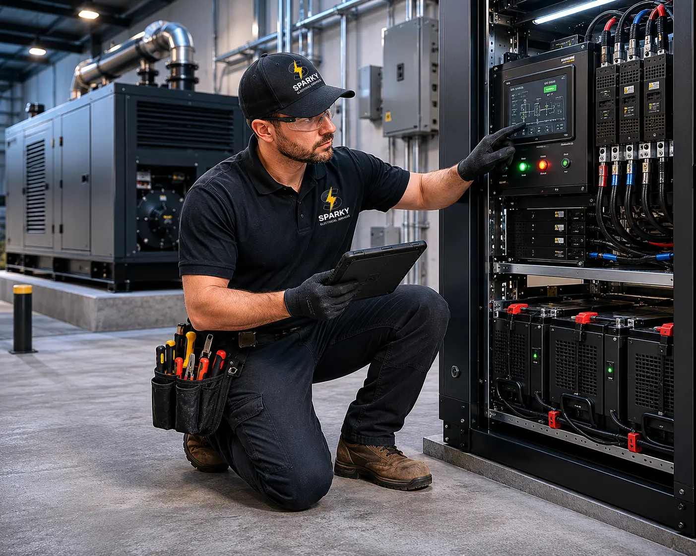 Sparky electrician servicing a backup power system