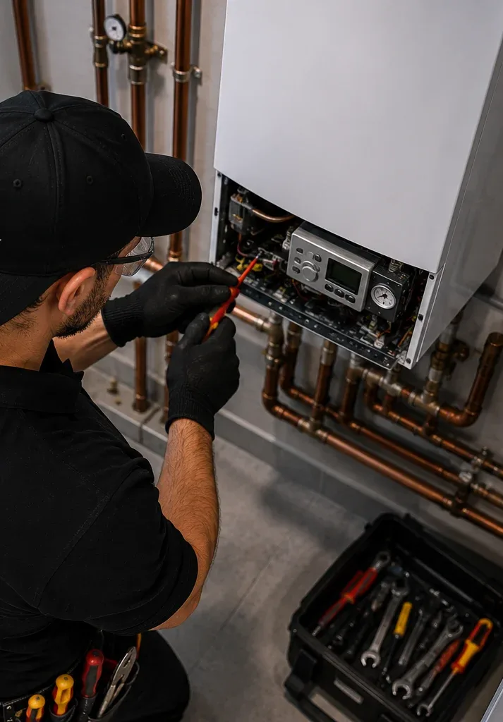 Electrician repairing a wall-mounted boiler control panel