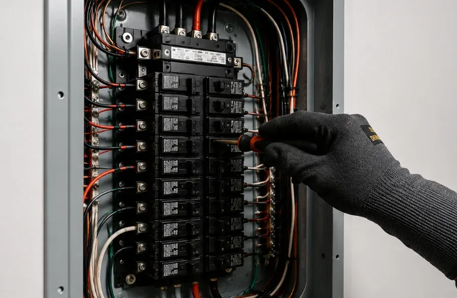 Electrician servicing an electrical breaker panel