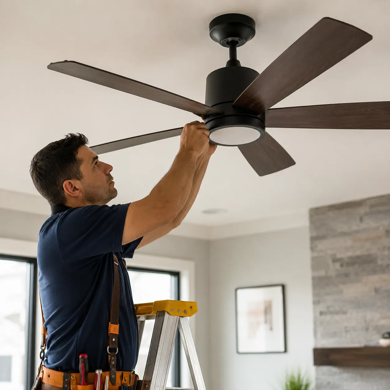 Electrician installing a ceiling fan