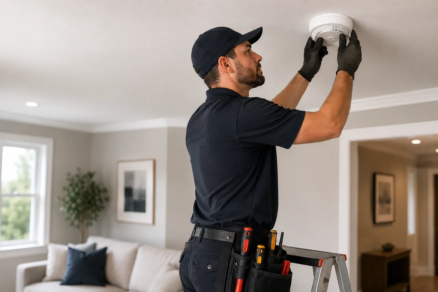 Electrician installing a ceiling smoke detector