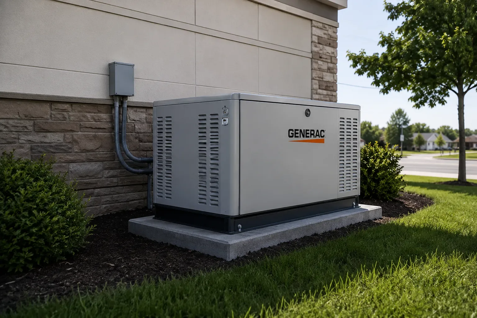 Commercial standby generator beside a building