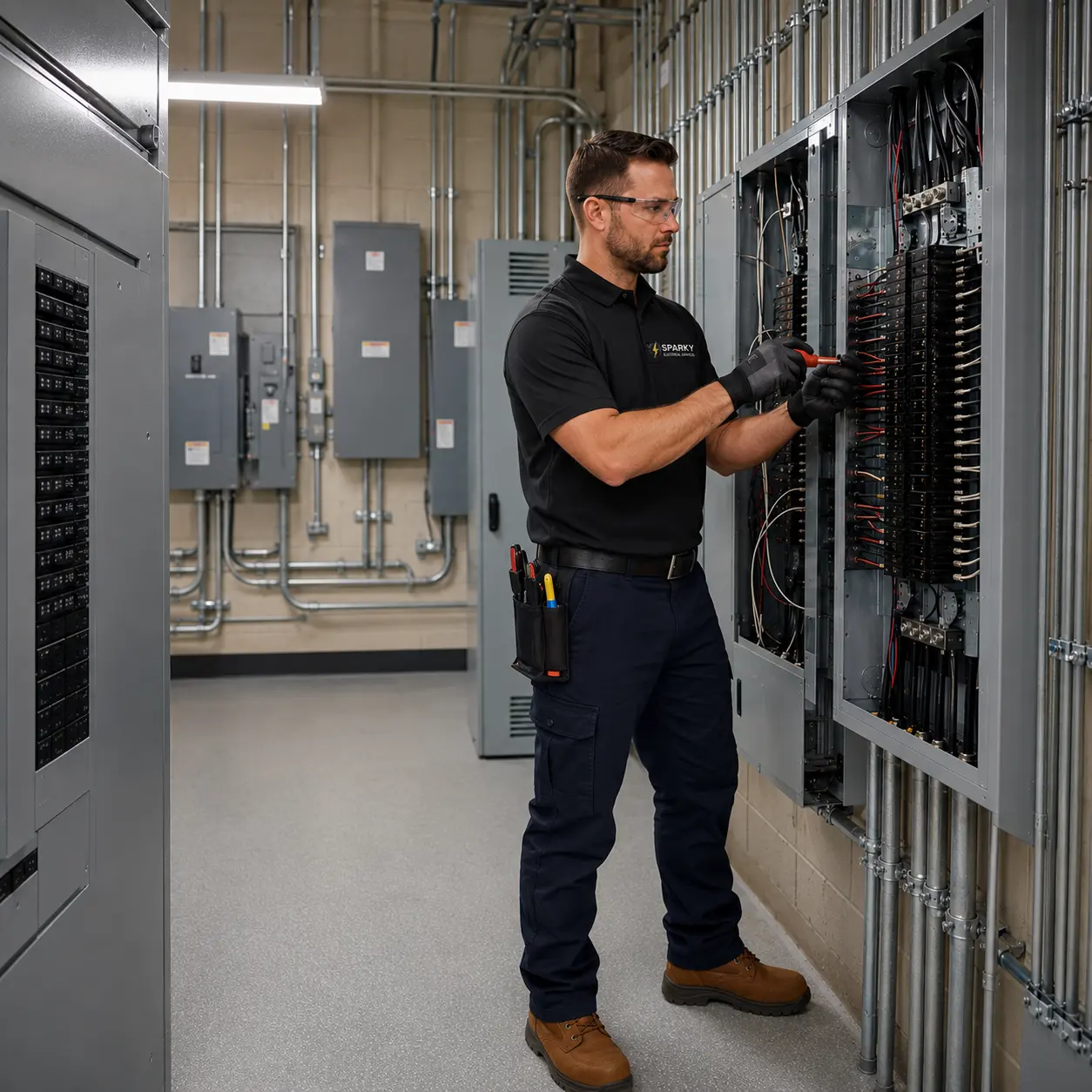Sparky electrician maintaining commercial electrical panels
