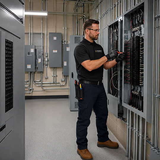 Sparky electrician maintaining commercial electrical panels