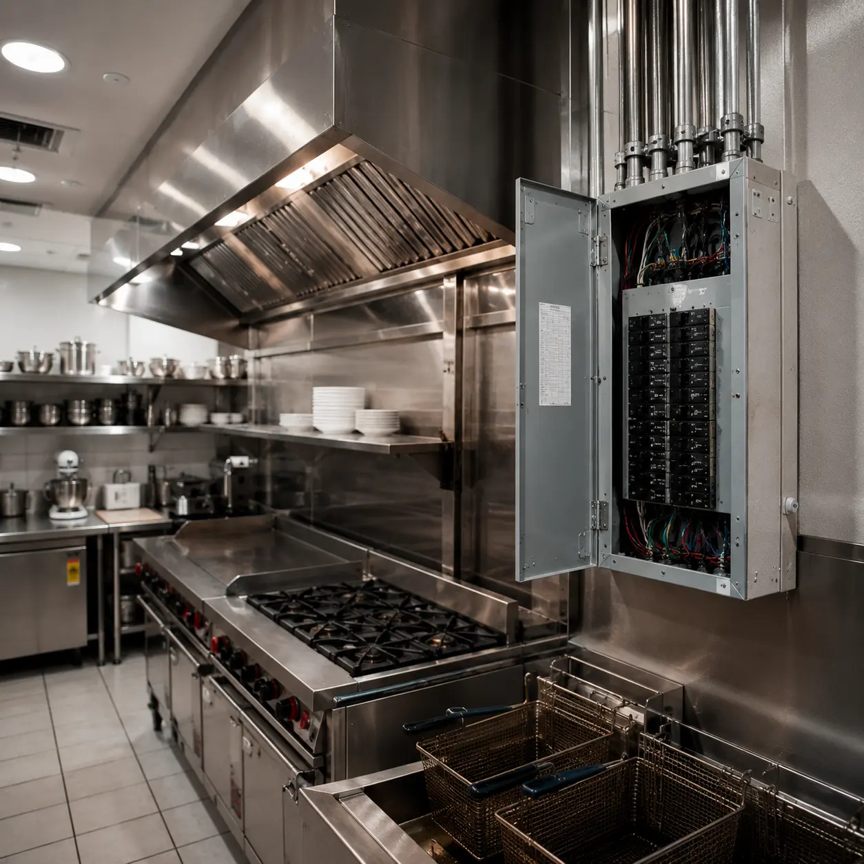 Open electrical panel in a commercial kitchen