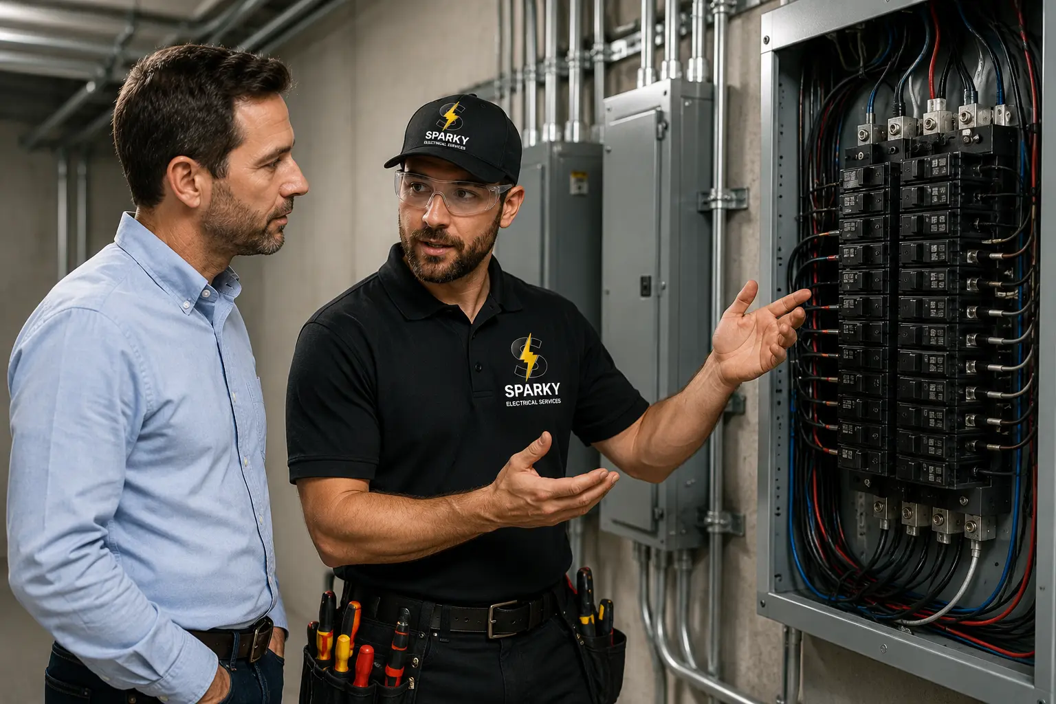 Sparky electrician explaining a commercial electrical panel