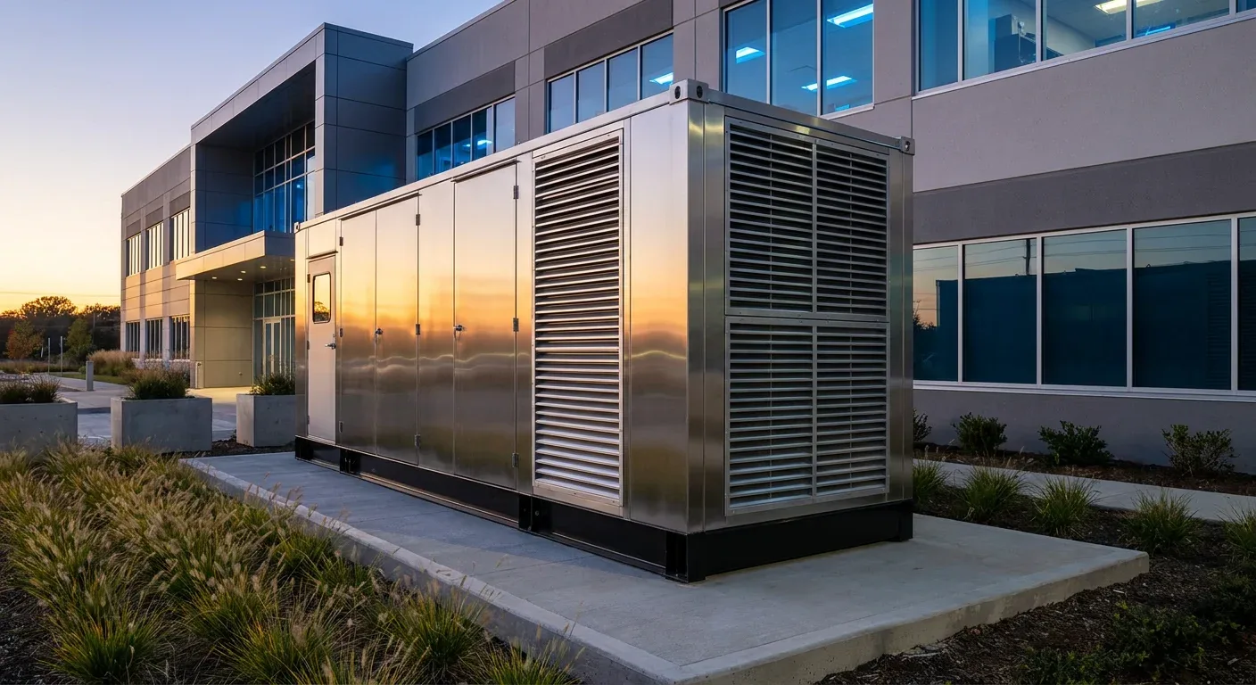 Commercial standby generator outside a building