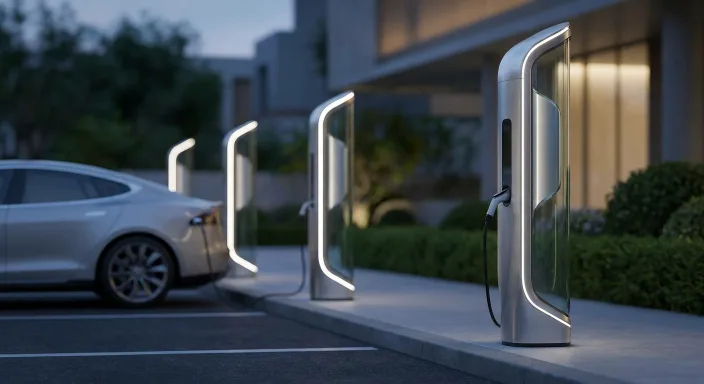 Electric vehicle charging stations in a parking area