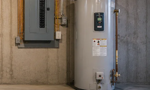 Electric water heater beside an electrical panel