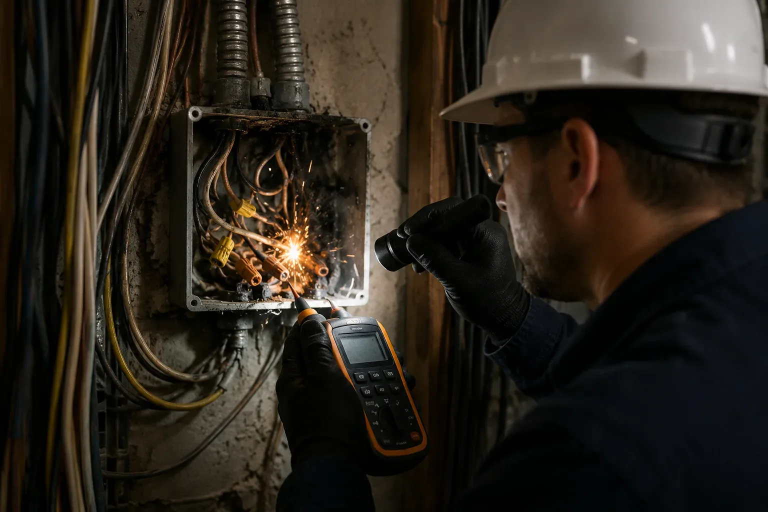 Electrician diagnosing a sparking junction box