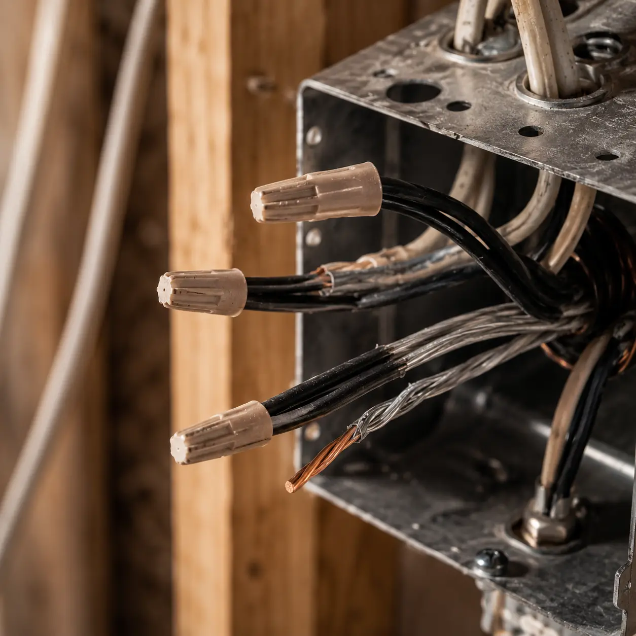 Exposed wiring inside an electrical junction box