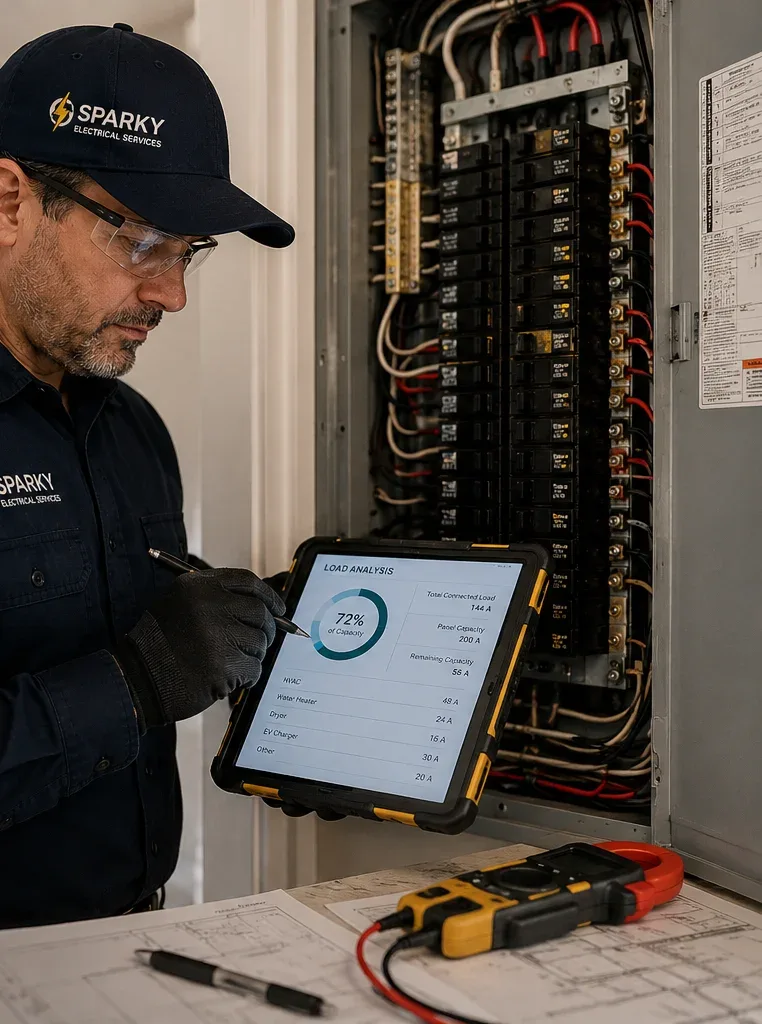 Sparky electrician performing an electrical load analysis