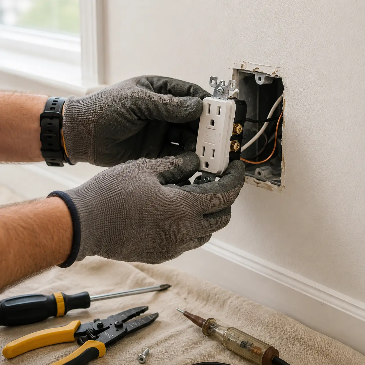 Electrician installing a residential electrical outlet
