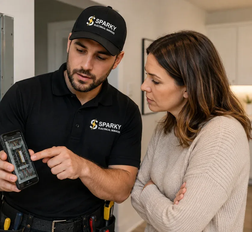 Electrician servicing a residential circuit breaker panel