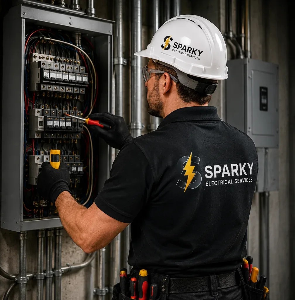 electrician inspecting an electrical panel