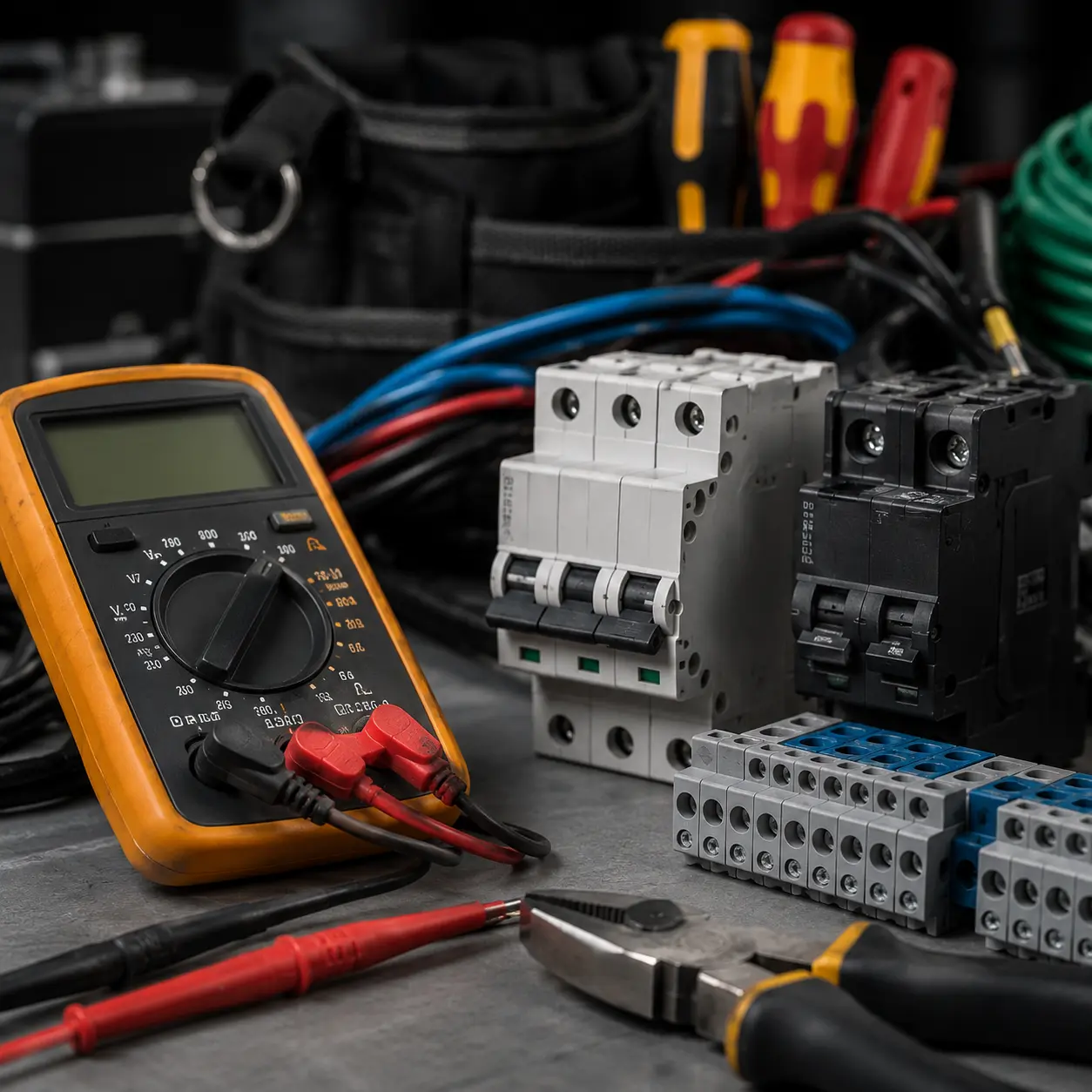 Multimeter, circuit breakers and professional electrical tools