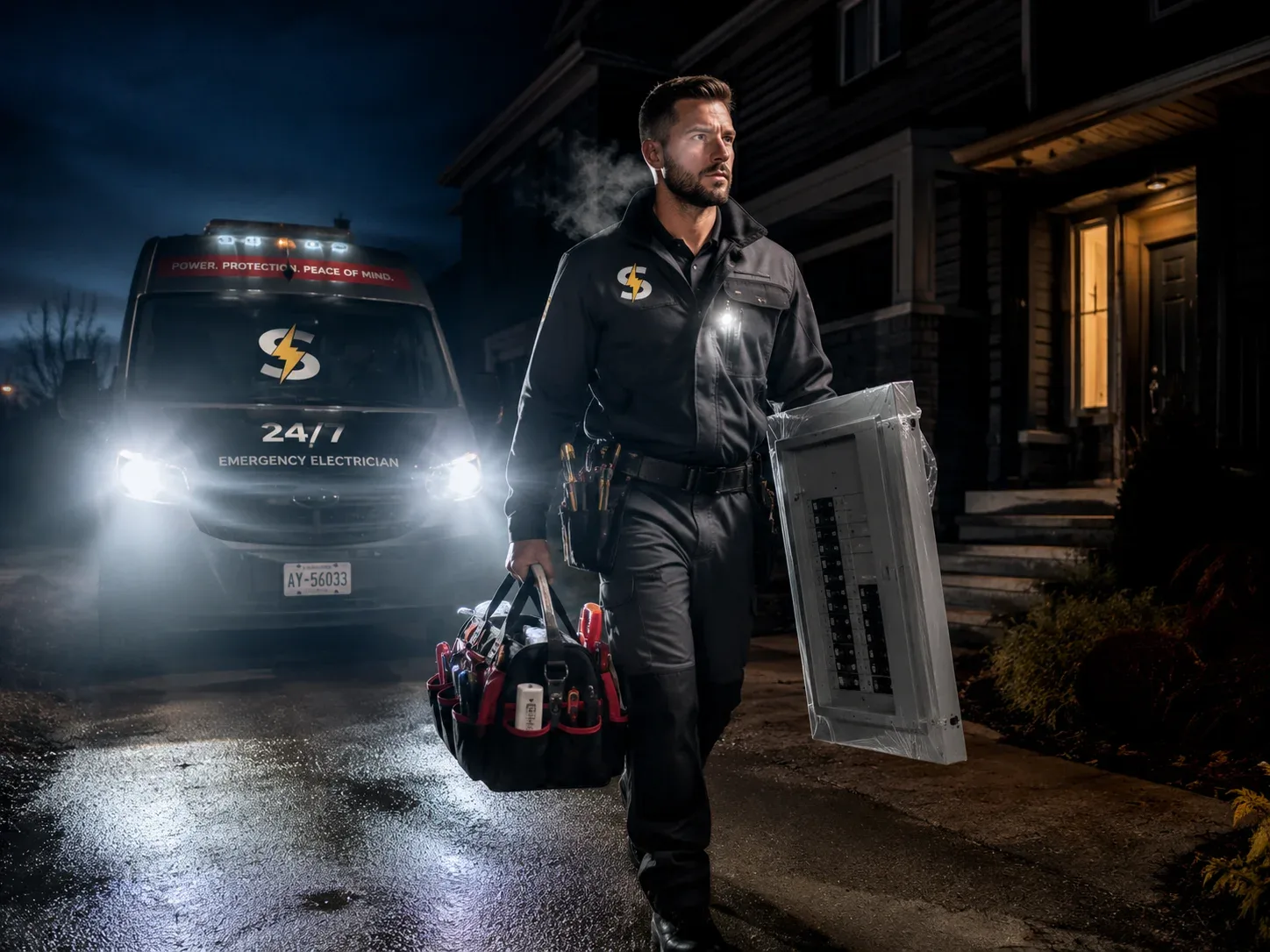 Emergency electrician arriving for nighttime service
