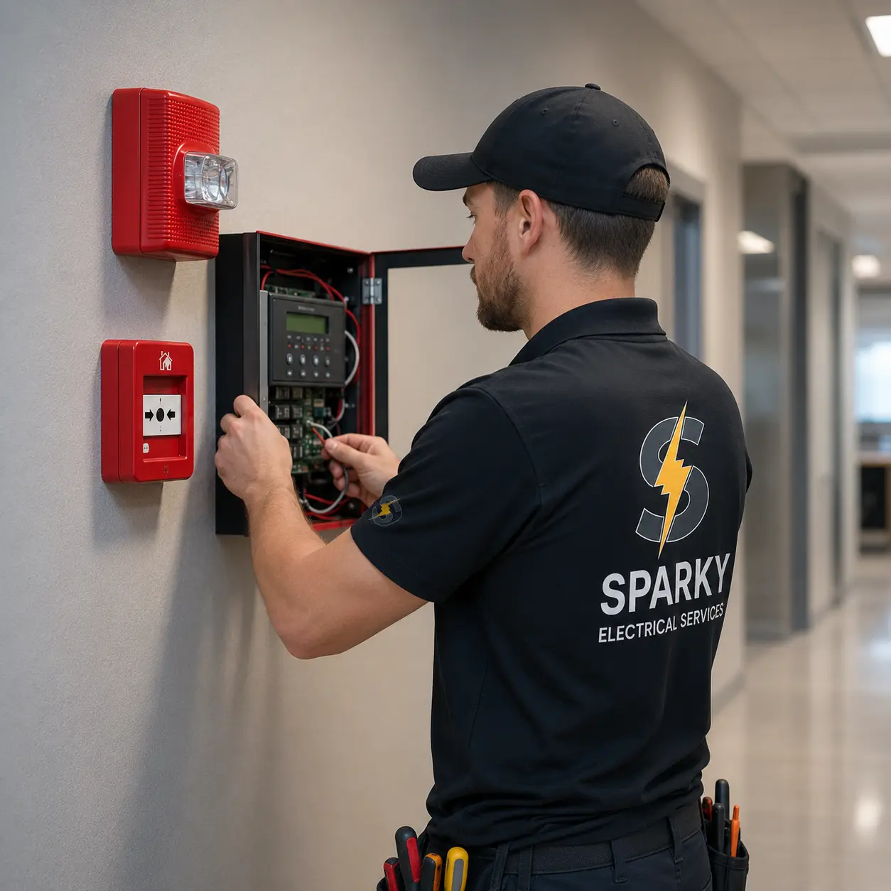 Sparky electrician servicing a fire alarm control panel