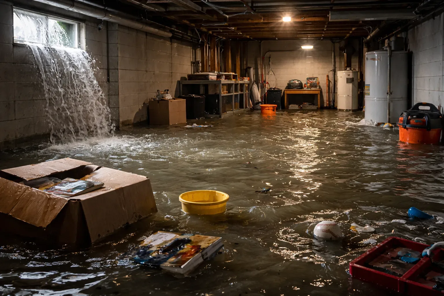 Flooded basement with electrical safety hazards