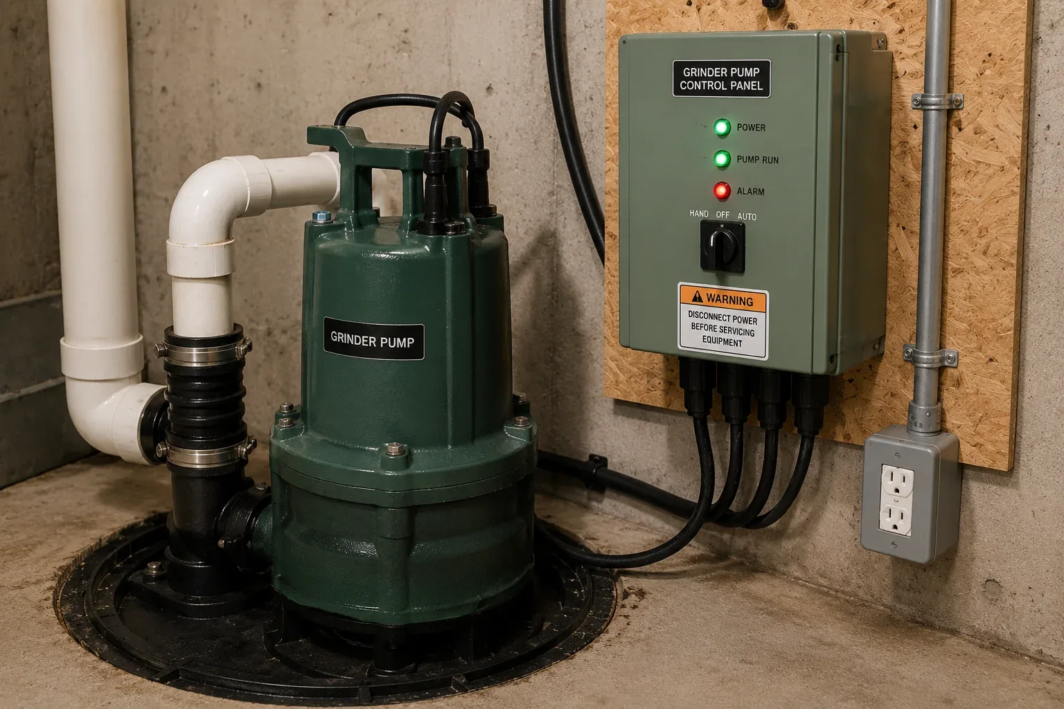 Grinder pump with an electrical control panel
