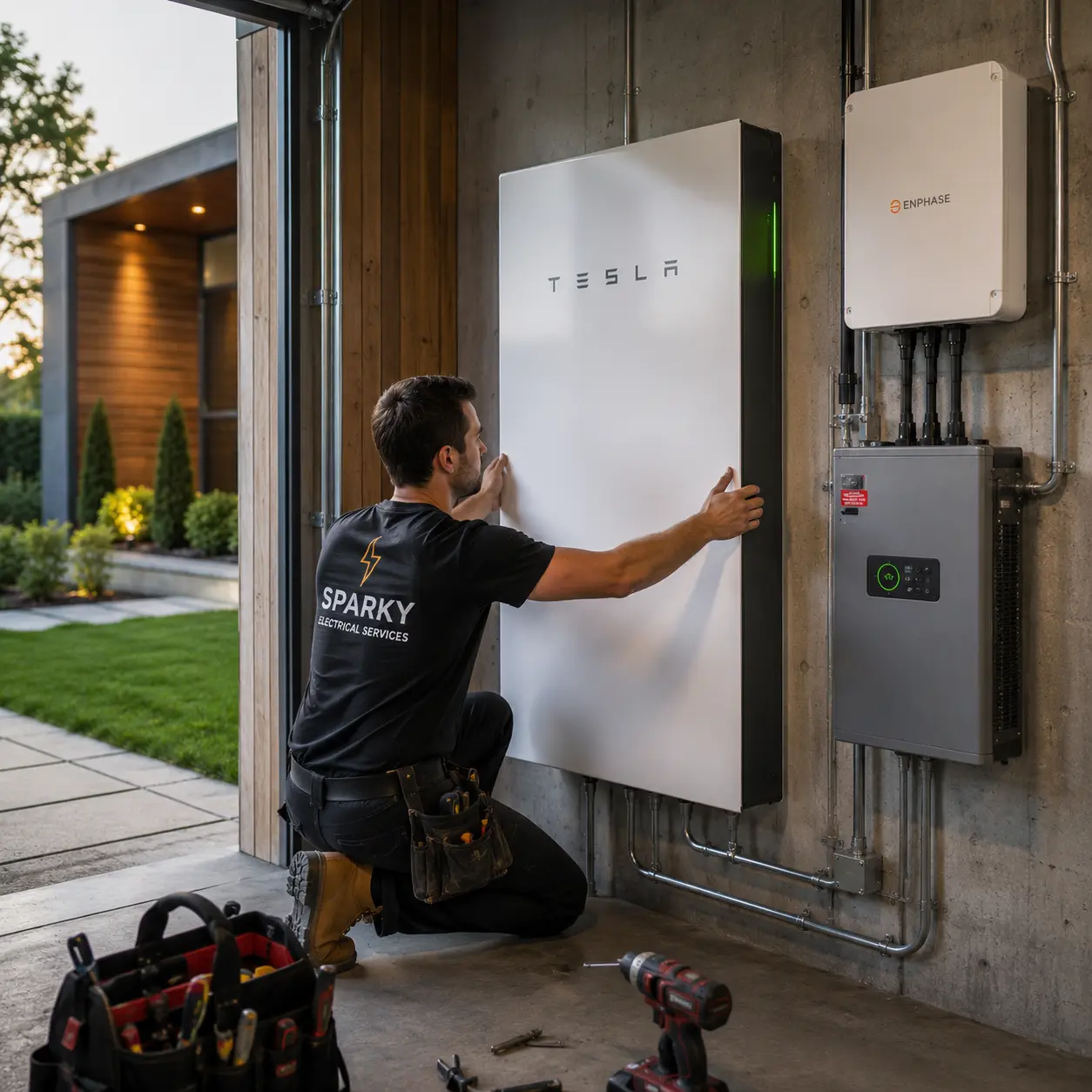 Sparky electrician installing a home battery system