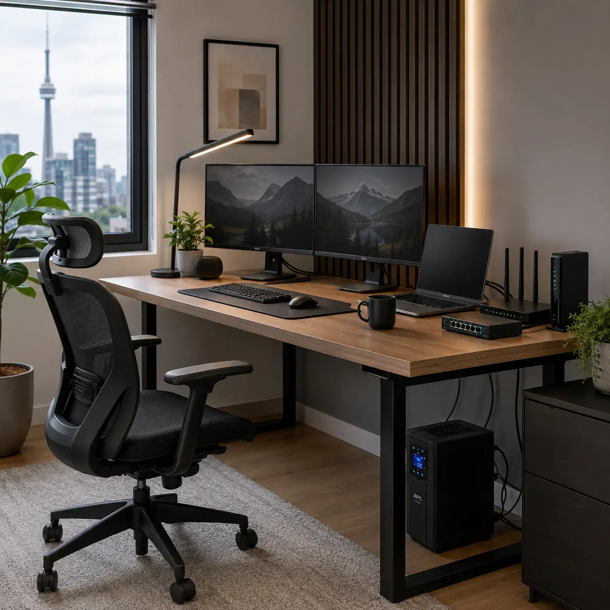 Home office with networking equipment and backup power