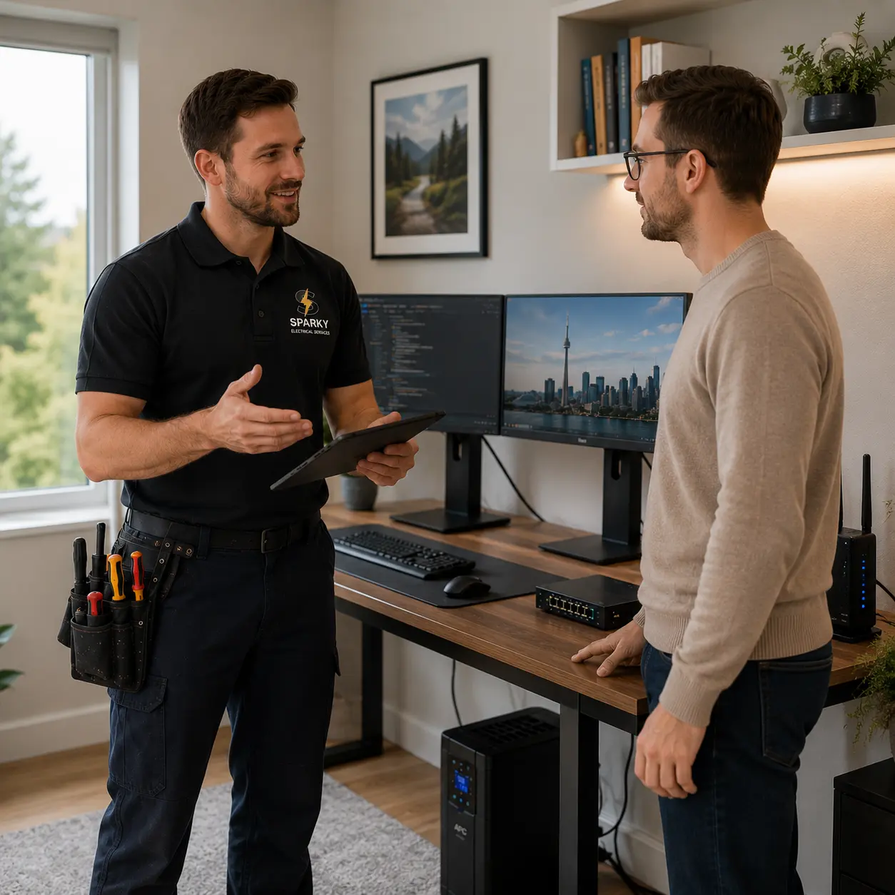 Sparky electrician discussing a home office electrical setup
