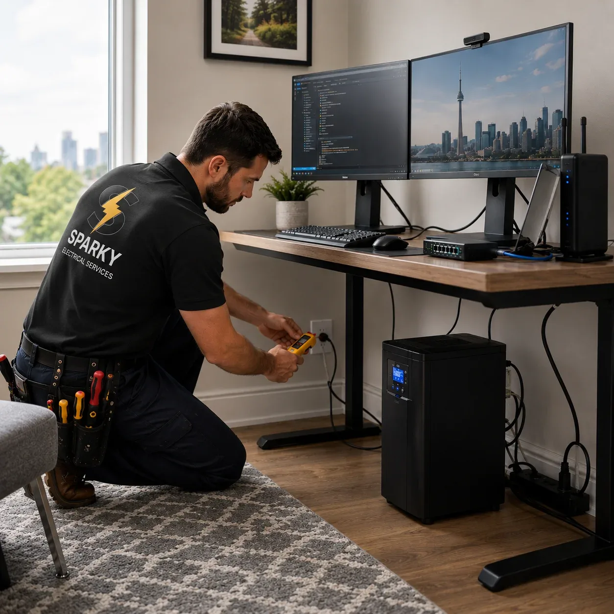Sparky electrician testing a home office power outlet