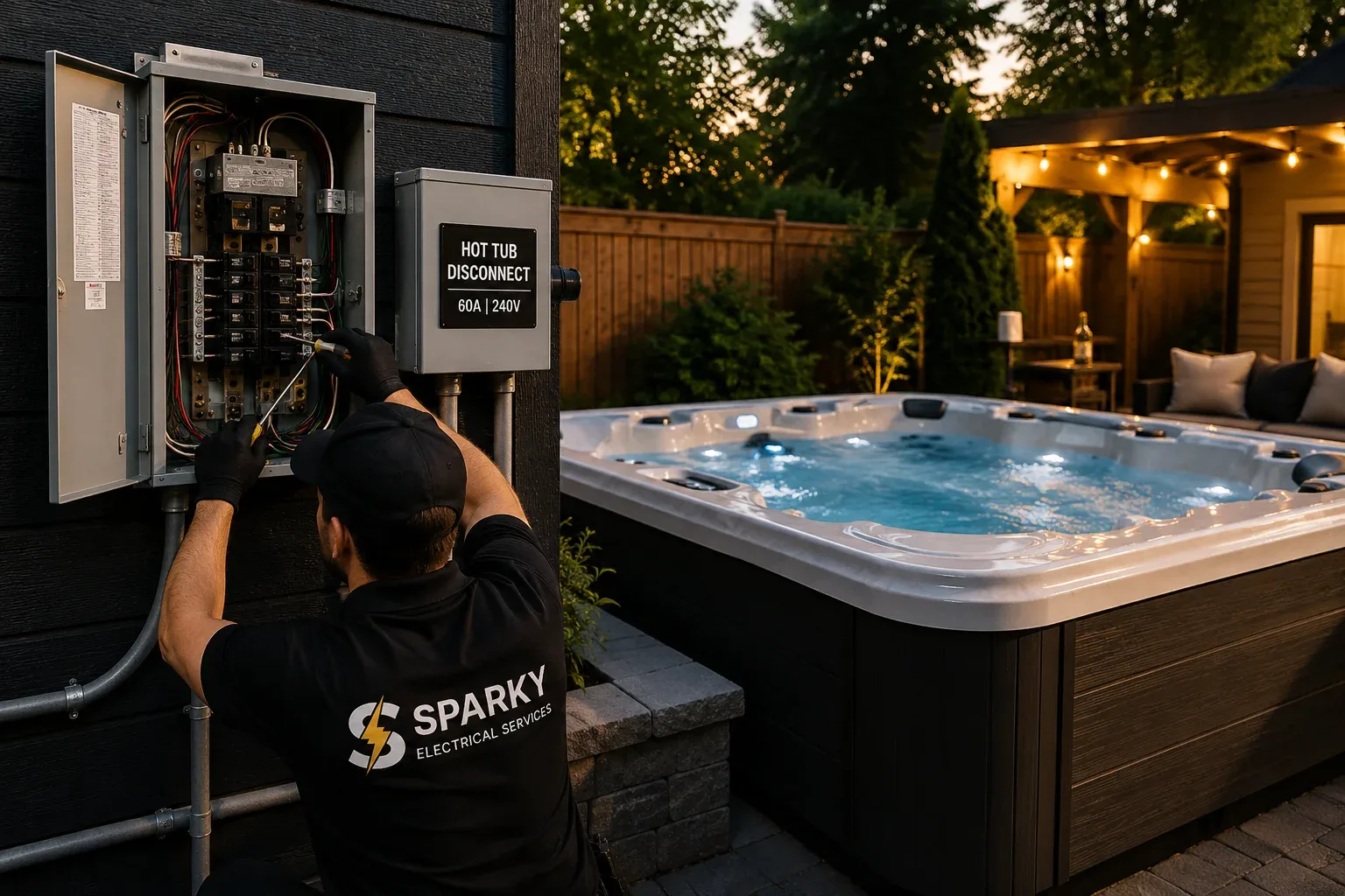 Sparky electrician servicing a hot tub disconnect panel