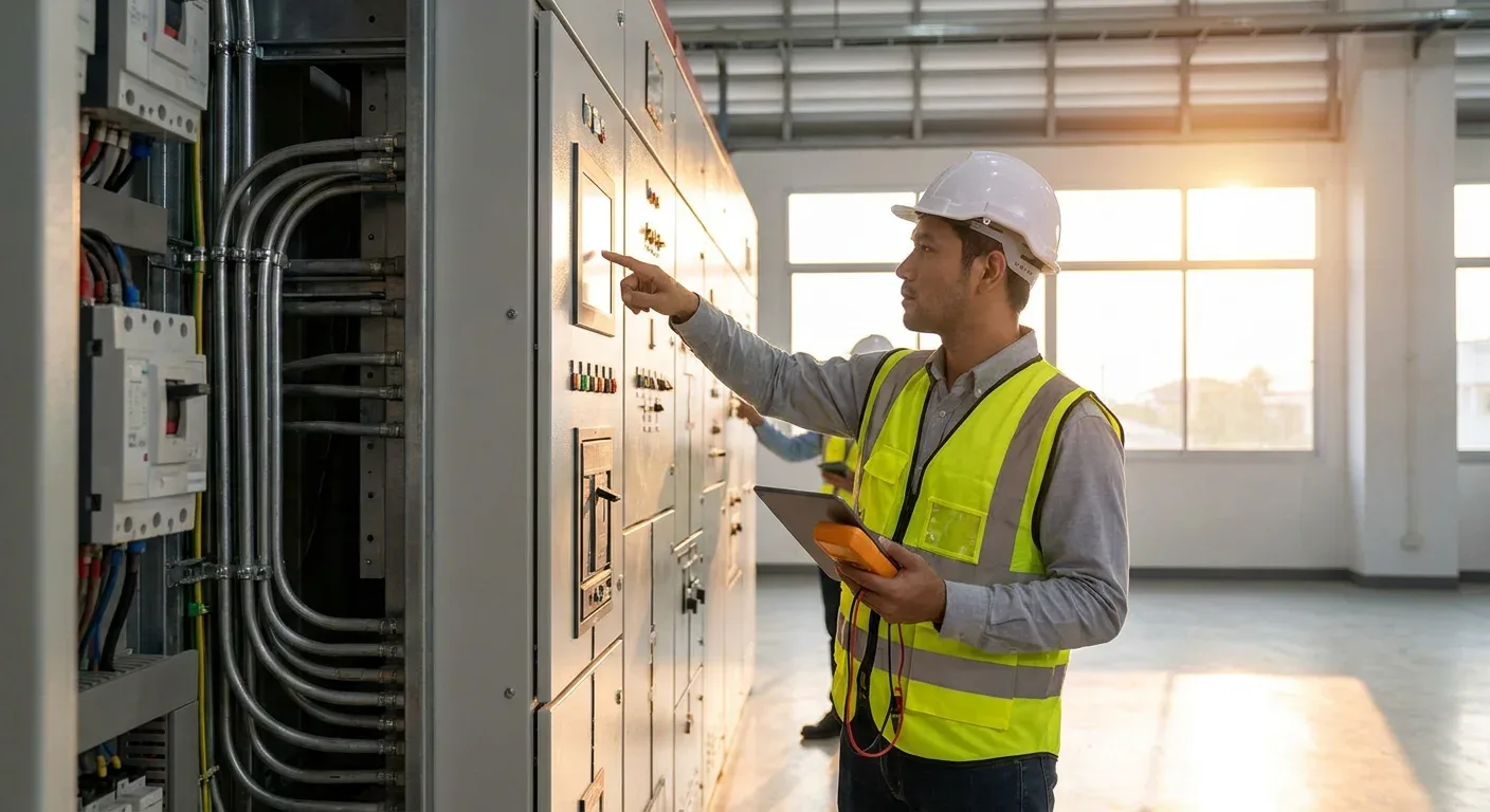 Technician inspecting an industrial control cabinet