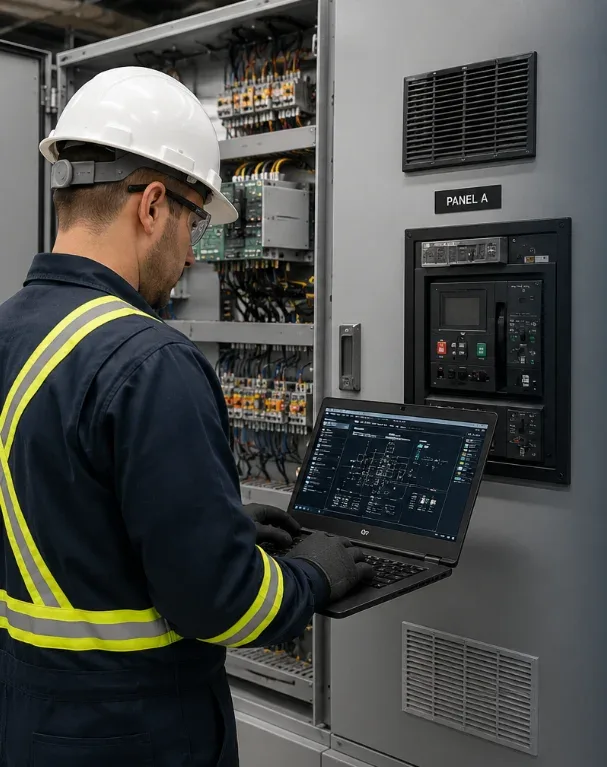Technician diagnosing an industrial electrical panel with a laptop