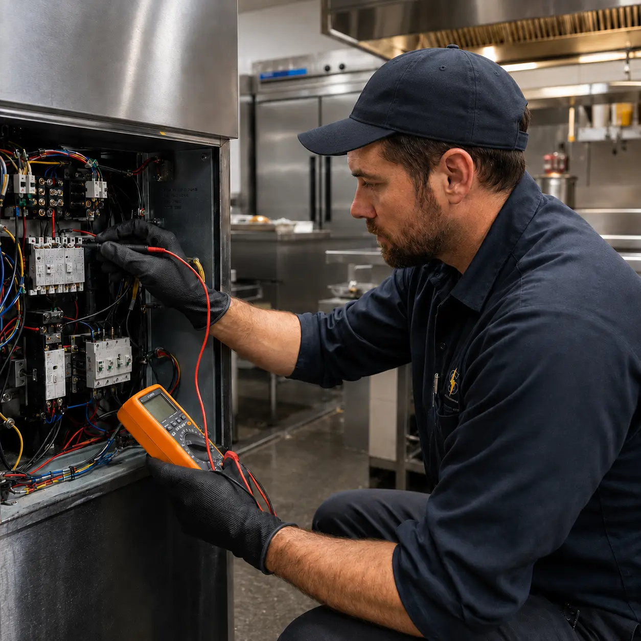Electrician testing a commercial kitchen equipment control panel