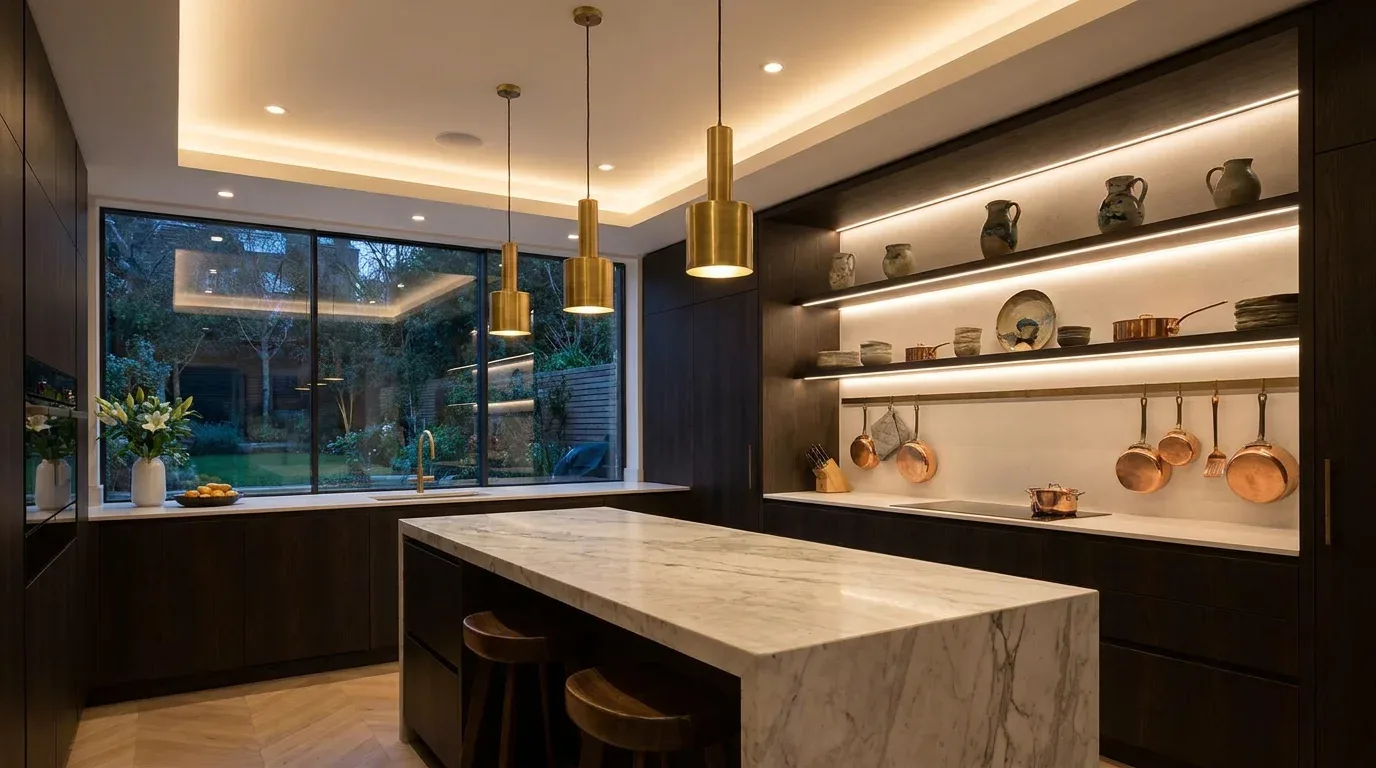 Modern kitchen with pendant and accent lighting