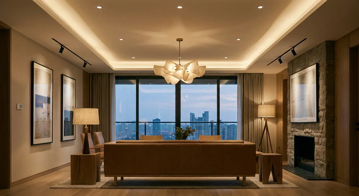 Living room with recessed, track and decorative lighting