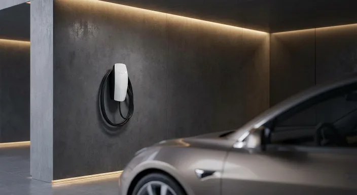 Wall-mounted EV charger in a modern garage
