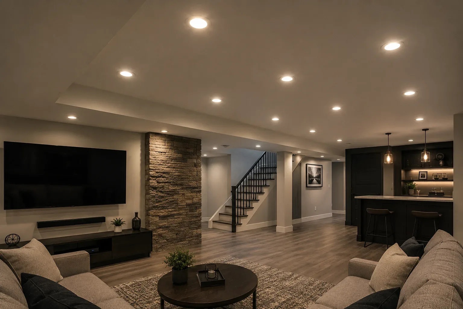 Modern lounge with cozy lighting