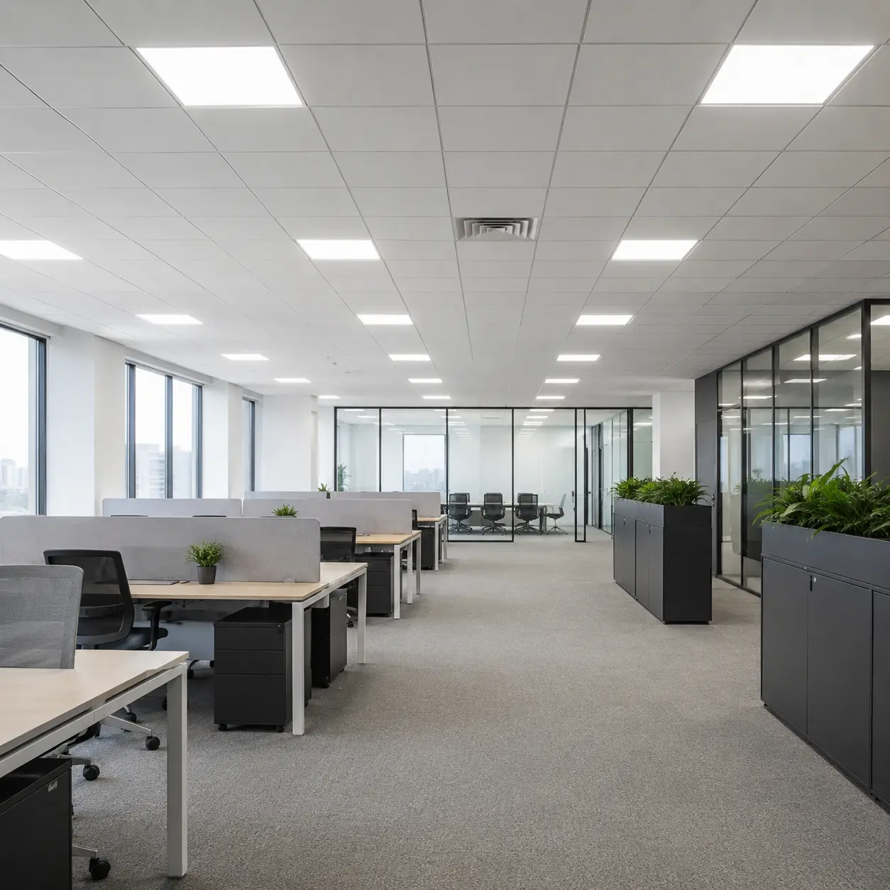 Modern office with LED panel lighting