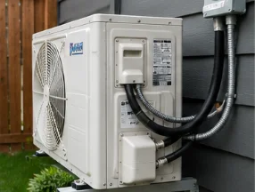 Outdoor heat pump unit beside a house