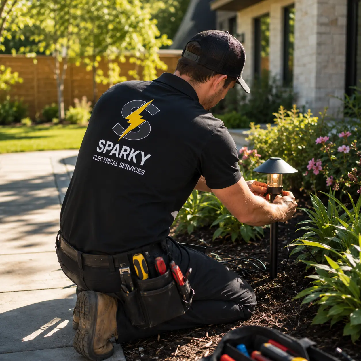 Sparky electrician installing outdoor landscape lighting