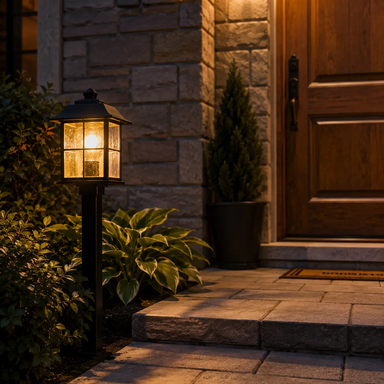 Outdoor pathway light near a home entrance