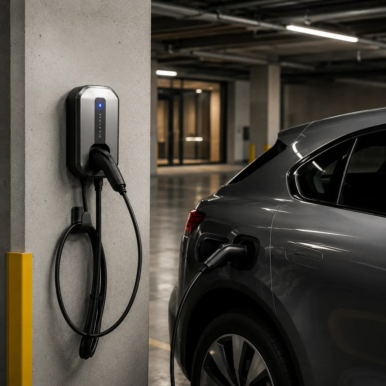 Electric vehicle charging at a parking garage station