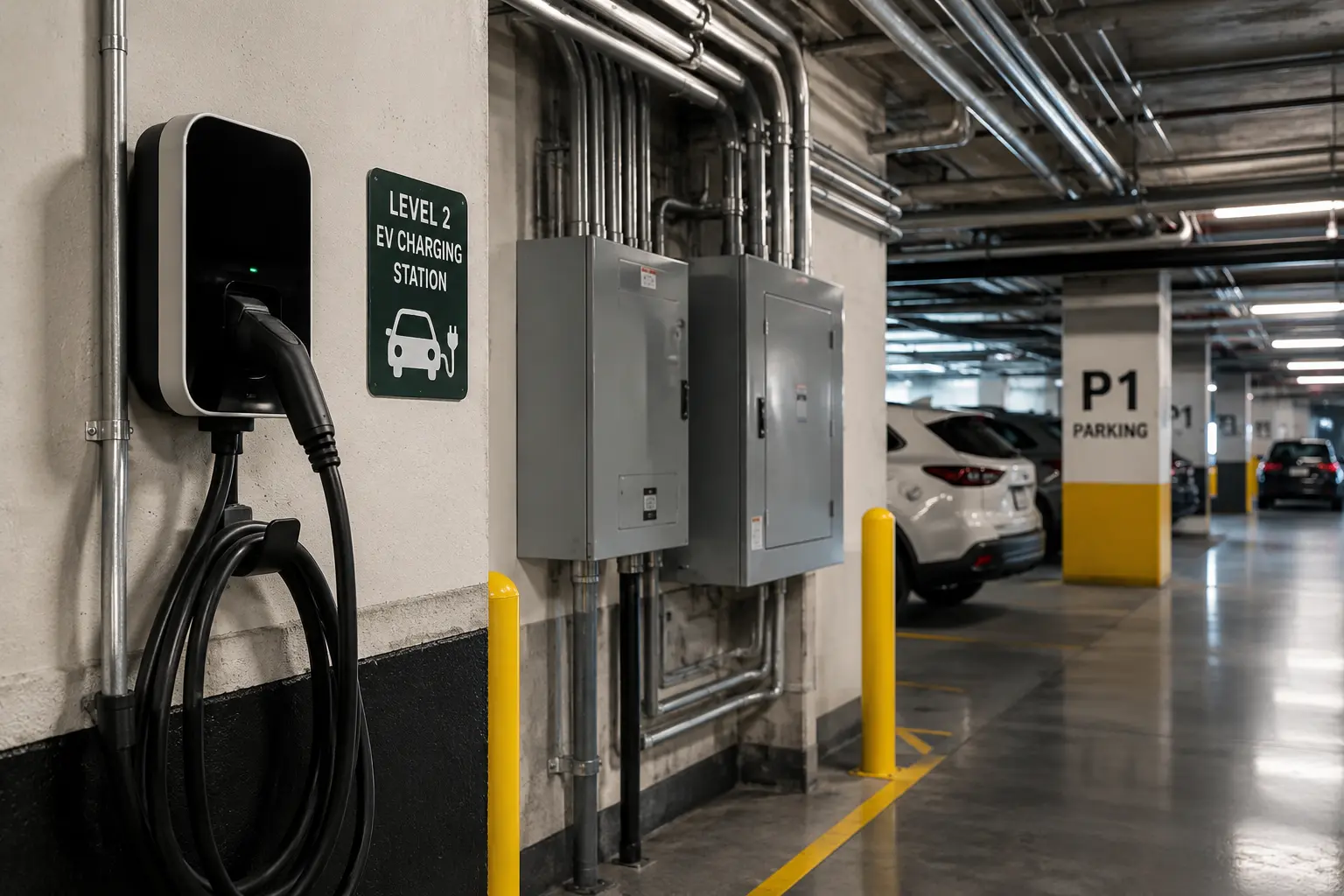 Level 2 EV charging station in a parking garage