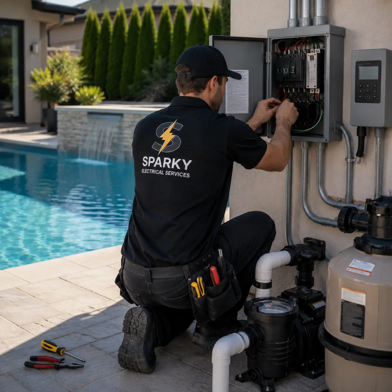 Sparky electrician servicing a pool electrical control panel