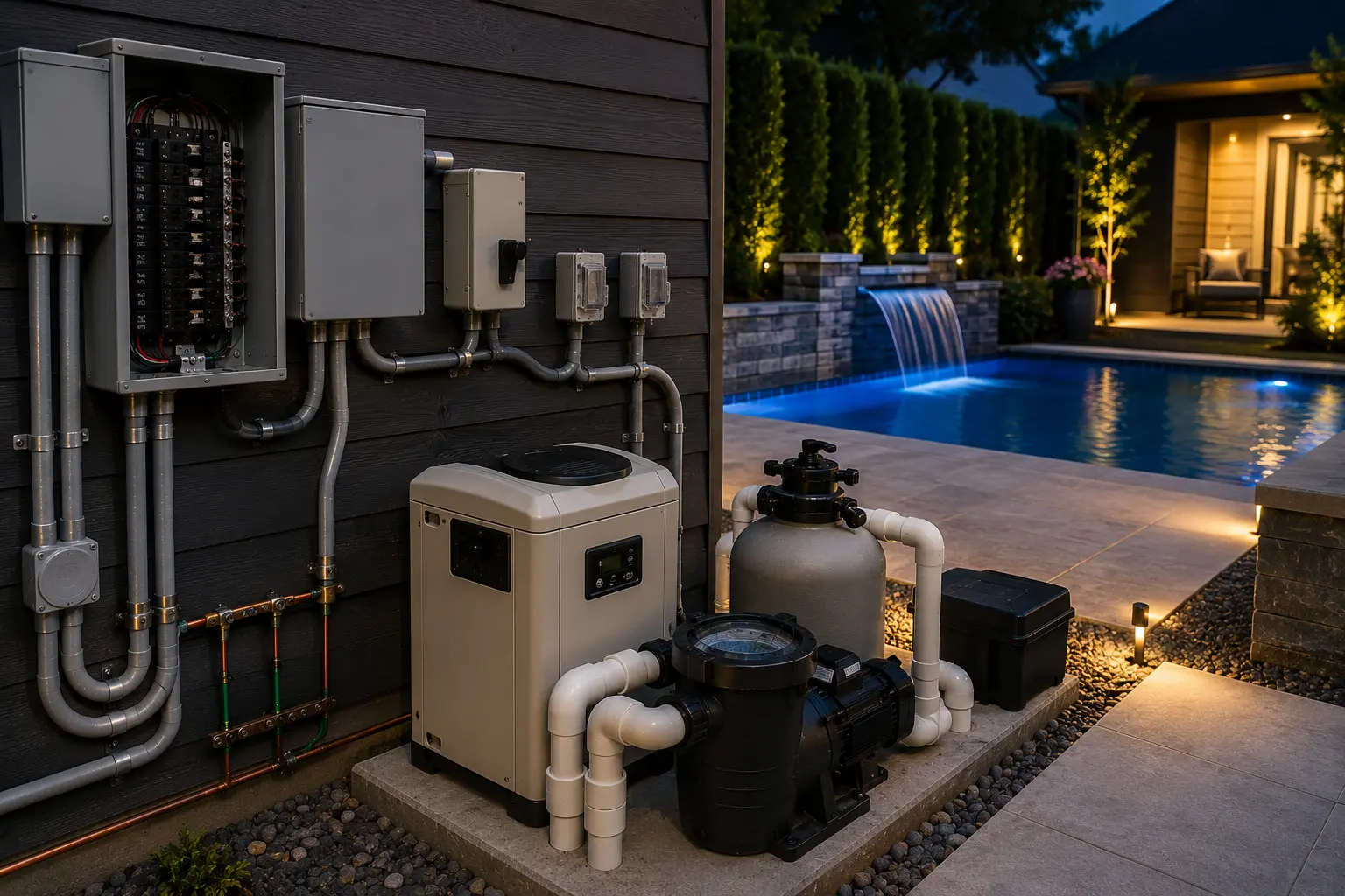 Pool equipment with electrical panels and wiring