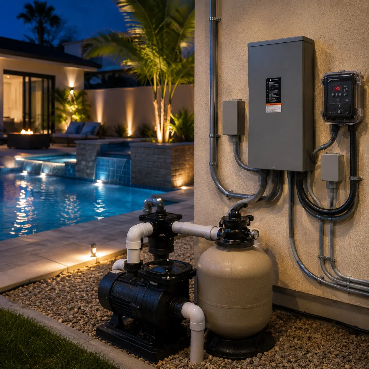 Pool electrical control system with outdoor lighting