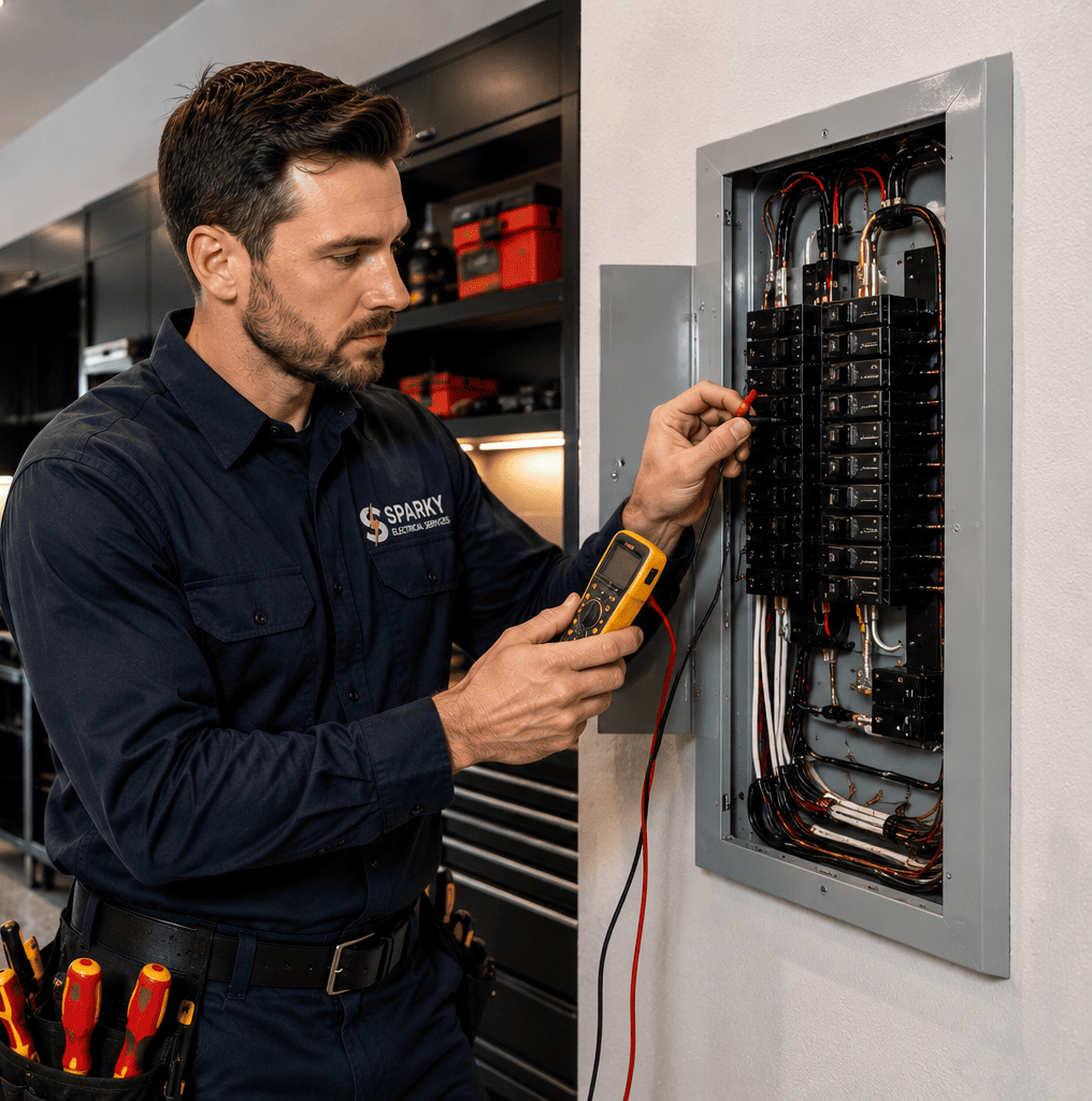 Electrician inspecting electrical panel in garage