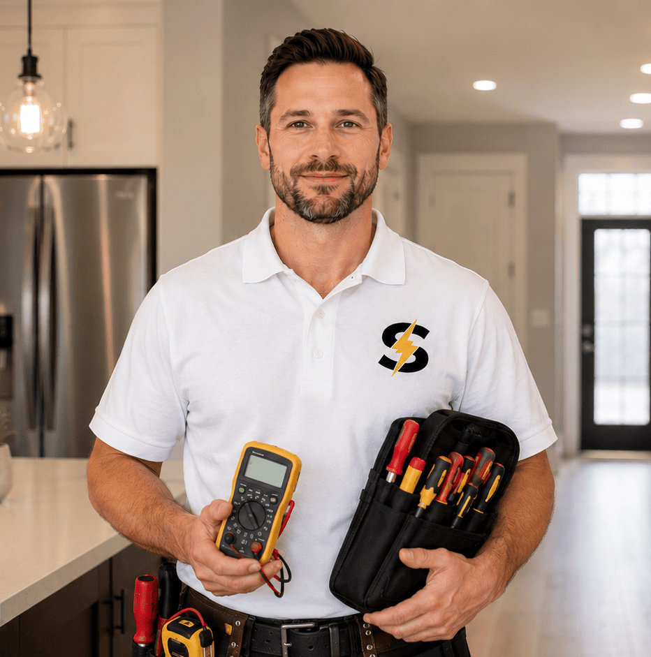 Professional electrician holding a multimeter and tool roll in a modern home
