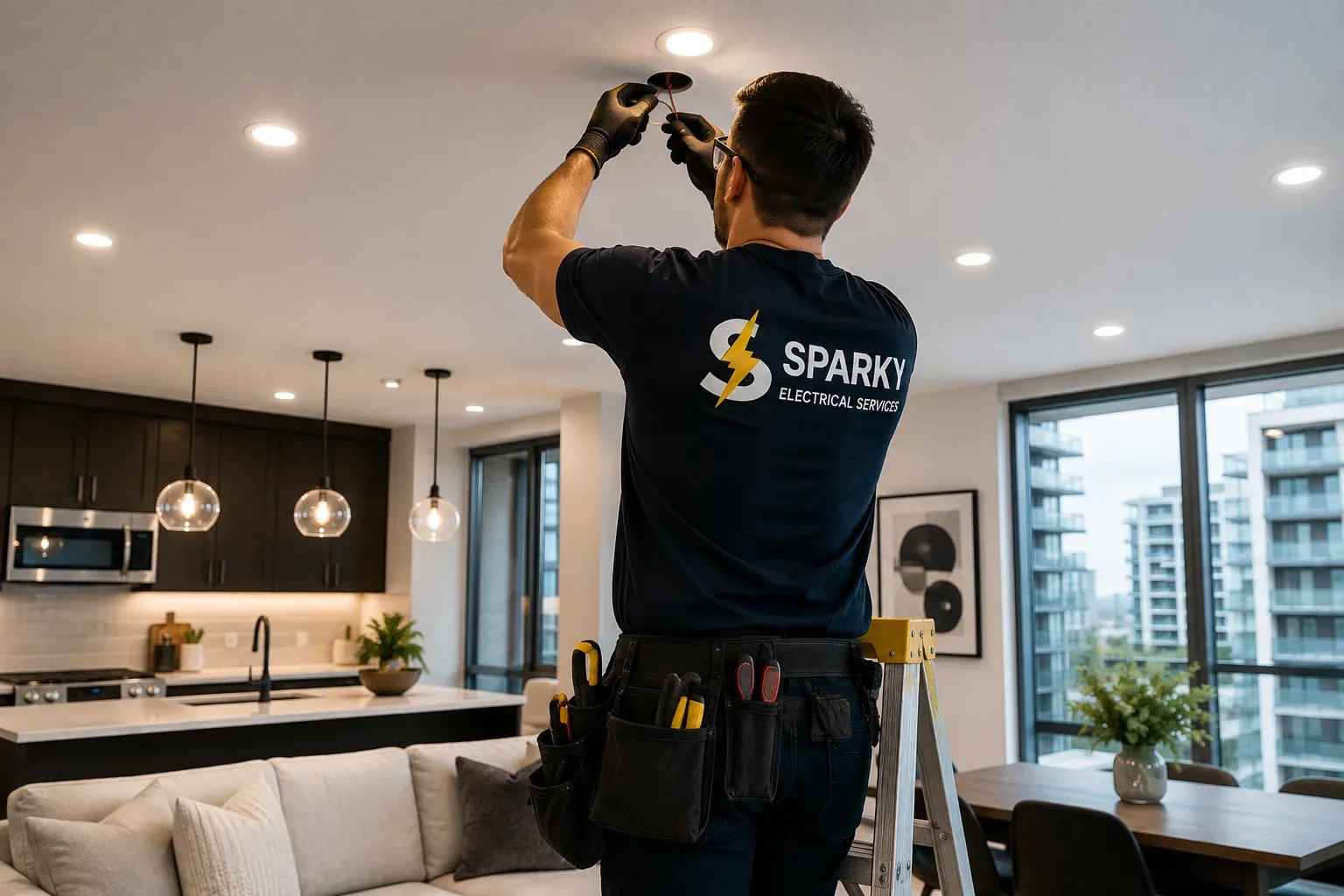 Electrician installing recessed lighting in a condo
