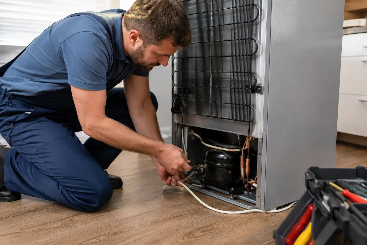Electrician repairing a refrigerator compressor